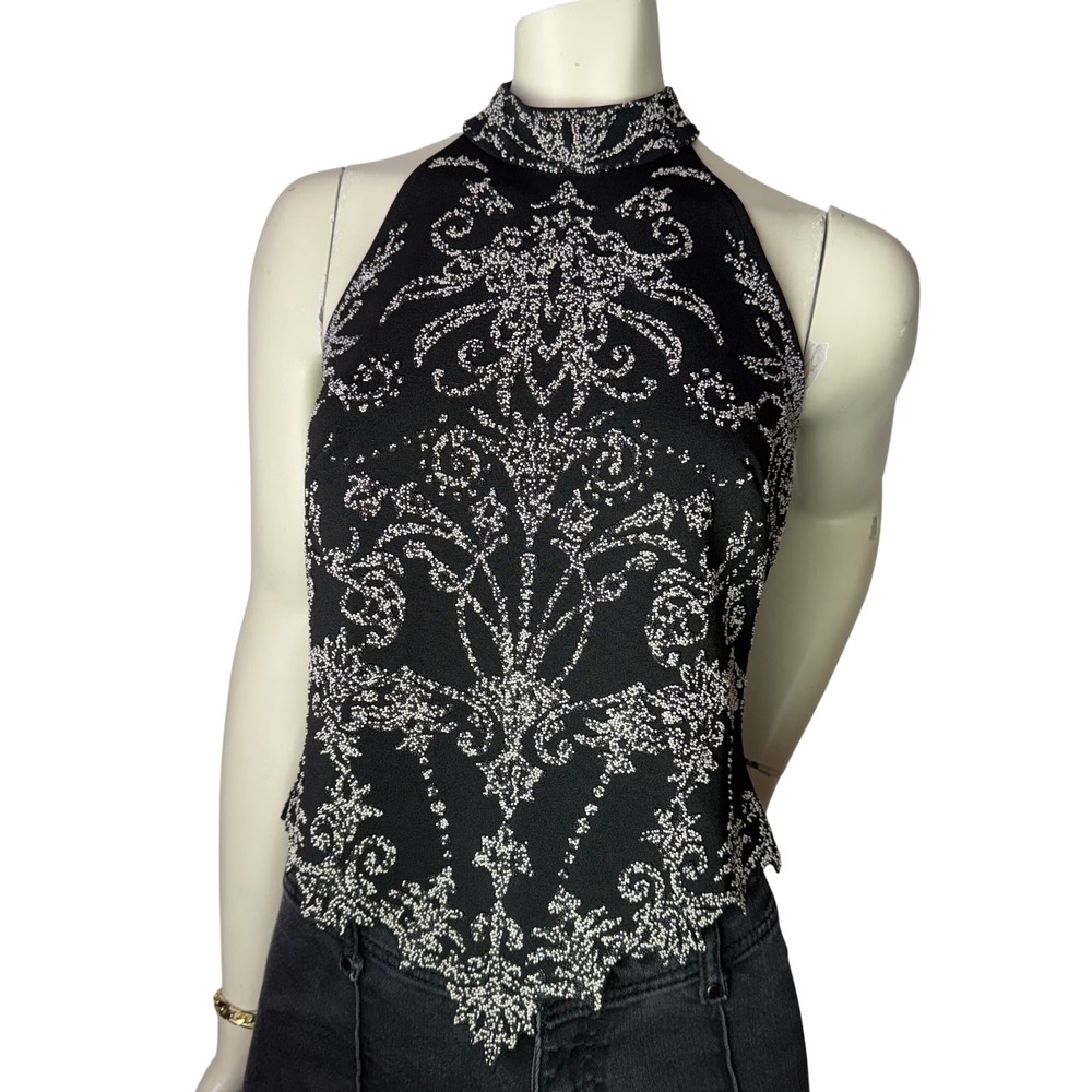 Ribkoff Trends Beaded Halter Top Black Silver Damask Whimsigoth Y2K Night Out 10